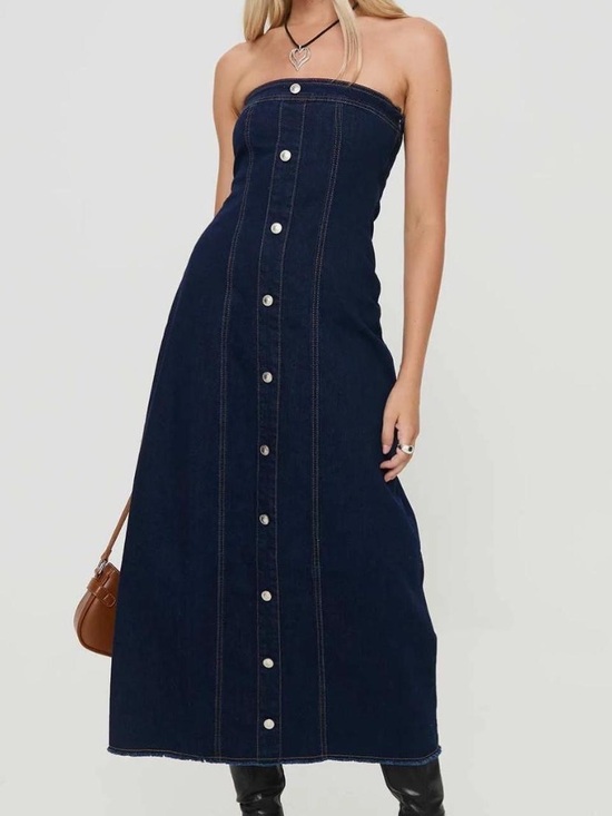 Princess Polly Dresses & Skirts - Princess Polly Strapless Dark Indigo Button-Front Denim Maxi Dress